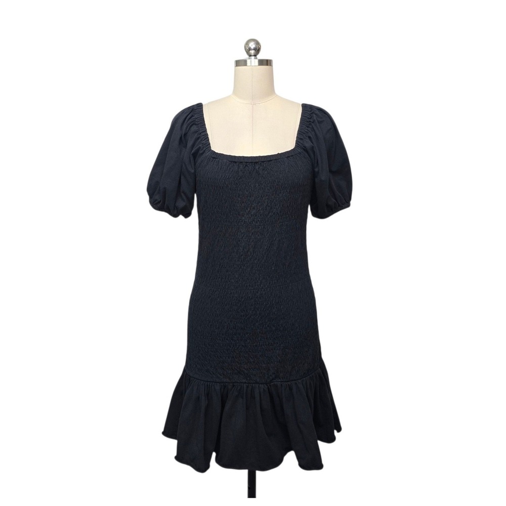 J.Crew Womens Black Smocked Ruffle Mini Dress Short Puff Sleeve Size Small